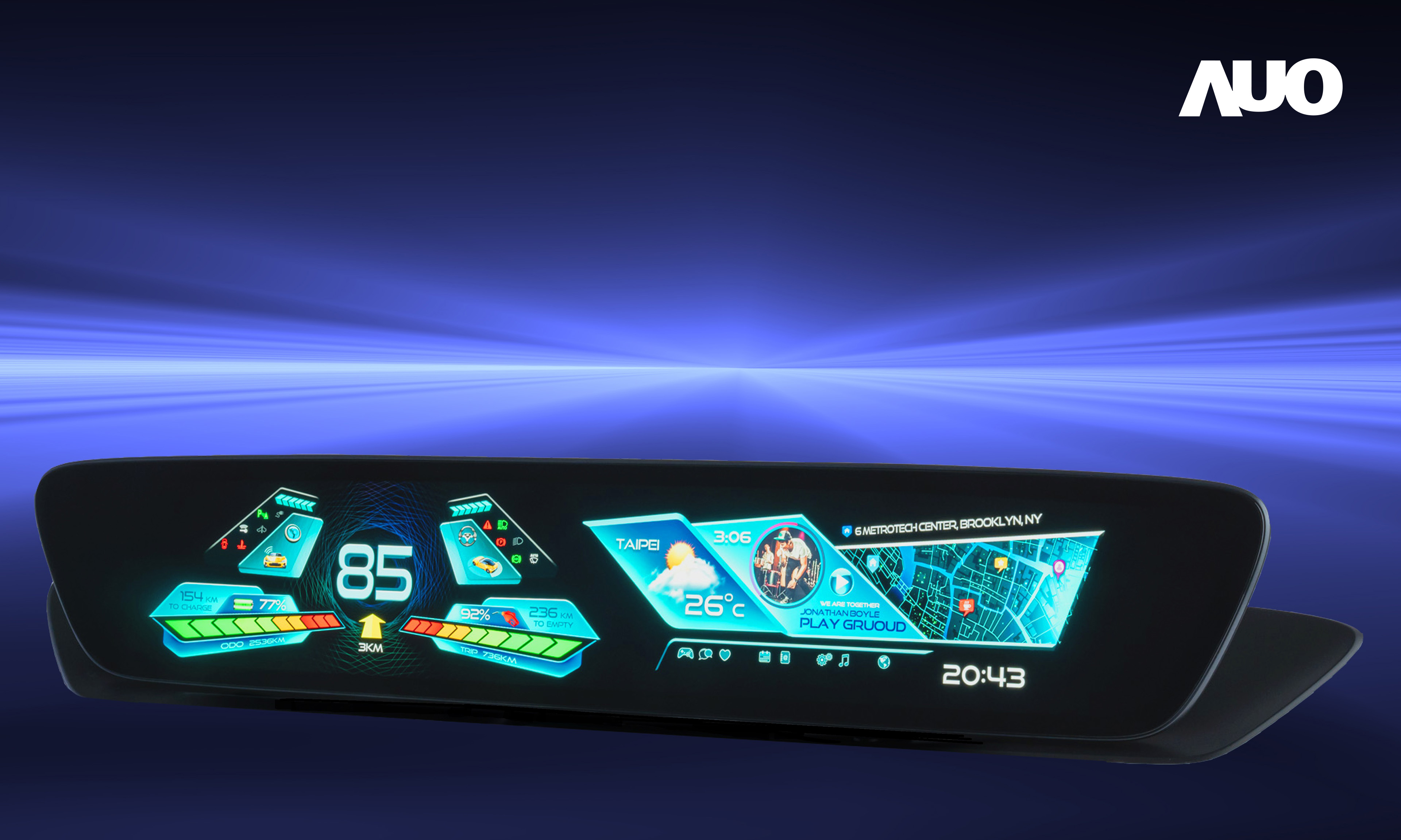 友達30.4吋異形曲面AmLED車載顯示系統，為一兼具儀表板及中控台人機介面的創新車載顯示系統，結合美學設計，提升車內科技沉浸感及使用體驗，讓車載顯示的未來應用更加多元化