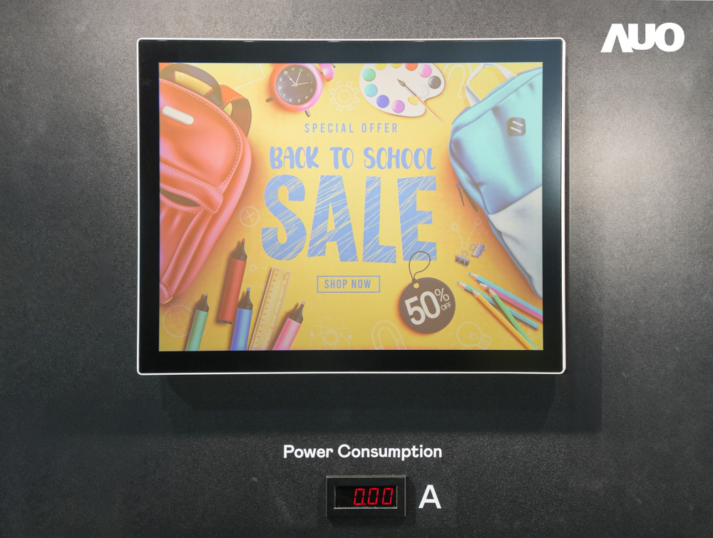 k1体育展示胆固醇液晶超低耗能户外全彩显示器，ChLC（胆固醇液晶）以双稳态技术使静态显示零功耗，具省电、高彩度、环保的特性，还整合软硬件系统解决方案，可透过单一云端平台管理