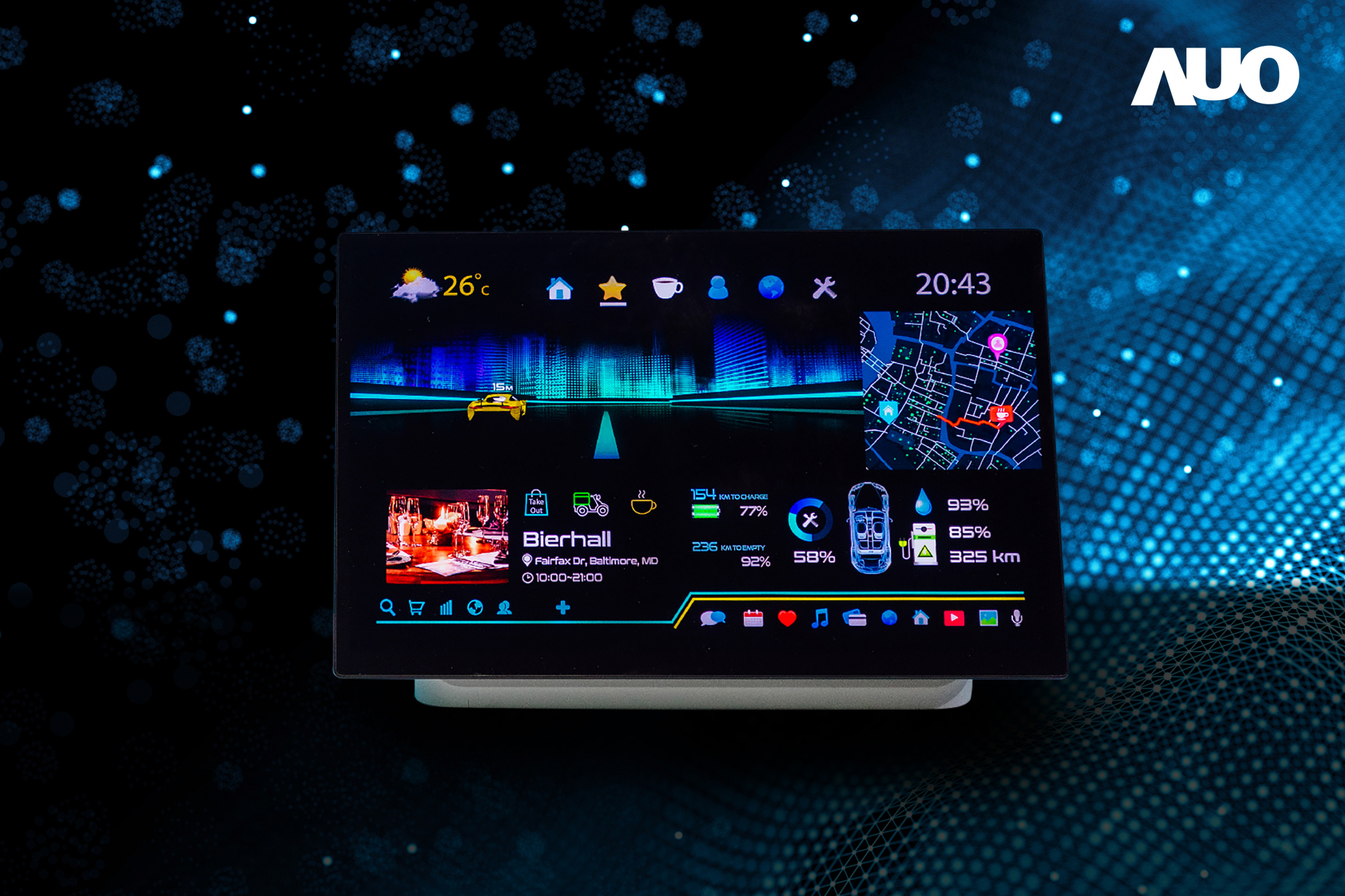 友達16吋超高色域車載中控獲得2025顯示器元件產品技術獎之面板模組類傑出產品獎，首次在車載領域採用藍光COB（LED chip-on-board）搭載量子點（Quantum Dot）膜之Mini LED解決方案實現廣色域