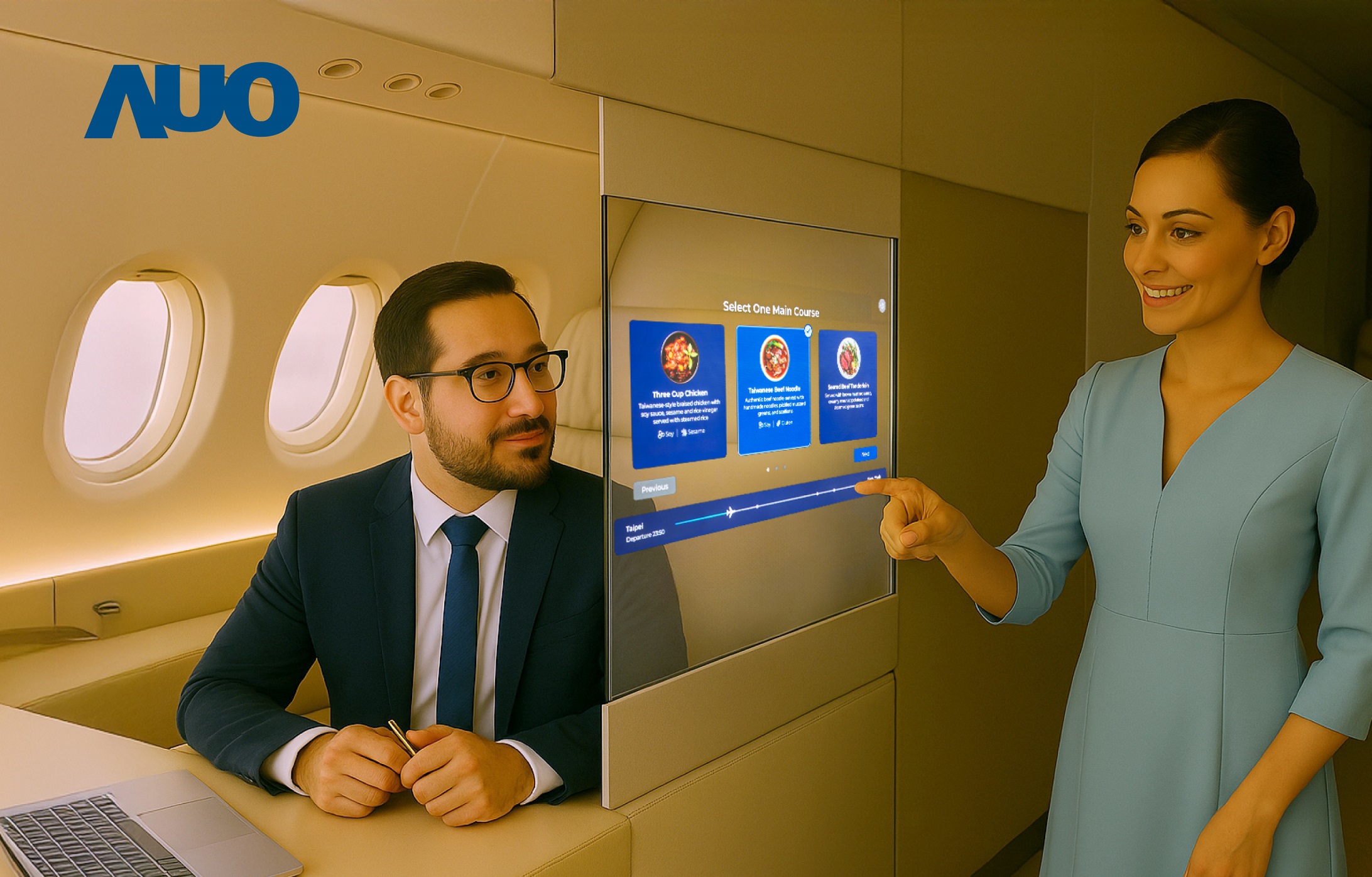 友達研發全球最薄17.3 吋雙面透明 Micro LED 顯示器，可在同一螢幕之雙邊投射不同資訊，創造獨特的「透明化」互動；圖為即時翻譯交流應用情境