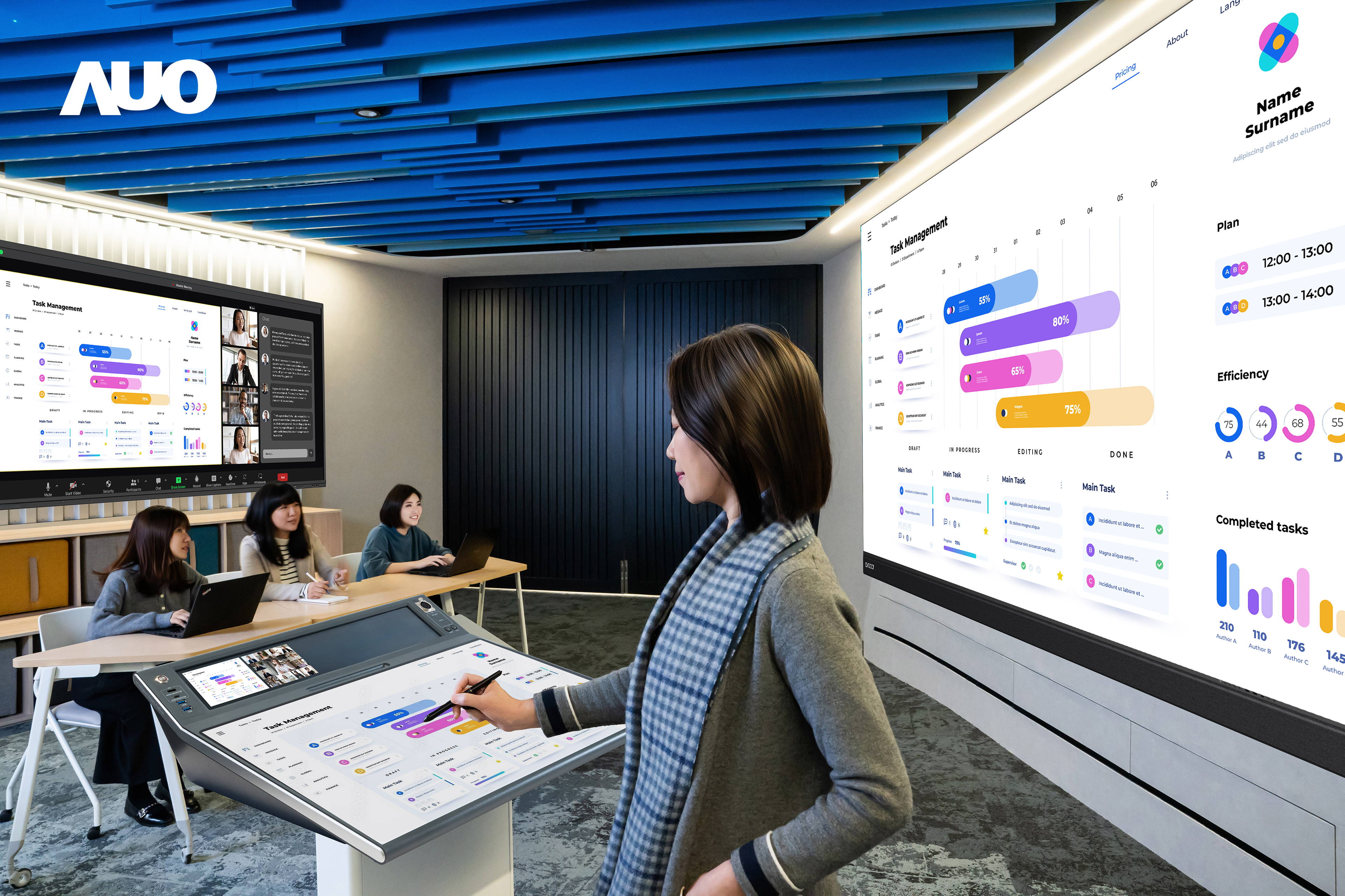 達擎攜手Avocor與Rise Vision展示全方位商務領域應用，包含採用模組化設計的138吋一體式All-in-One LED顯示器及具21:9超寬比例的92吋互動式電子白板（IFPD），講者可輕鬆分享內容，有效提升會議協作效率。